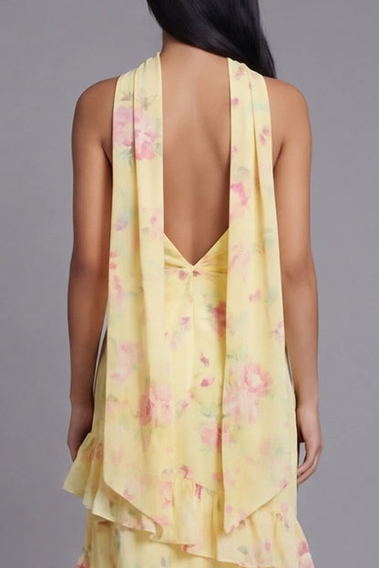 Sunny Strapless Halter Neck Watercolor Pink Floral Print Tiered Ruffle Maxi Dress with Detachable Scarf and Open Back Prom Dress