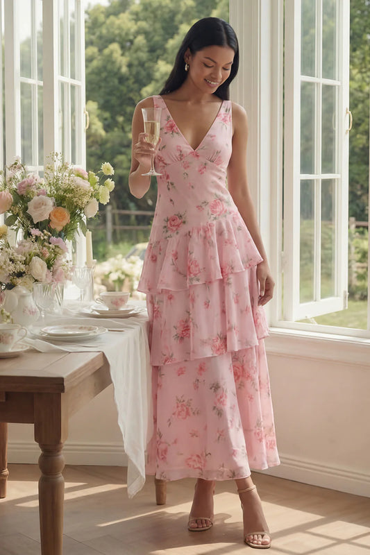 Sweet V-Neck Sleeveless Watercolor Pink Rose Print Tiered Ruffle Maxi Dress with Open Back Prom Dress