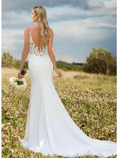 Wedding Dresses V Neck Lace Charmeuse Regular Straps Sexy Backless with Draping Appliques