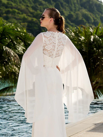 Wedding Dresses Jewel NeckLace Georgette Long Sleeve Beach Illusion Detail Backless with Lace