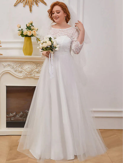 A-Line Wedding Dresses Jewel Neck Floor Length Lace Tulle Sleeveless Romantic with Cascading Ruffles