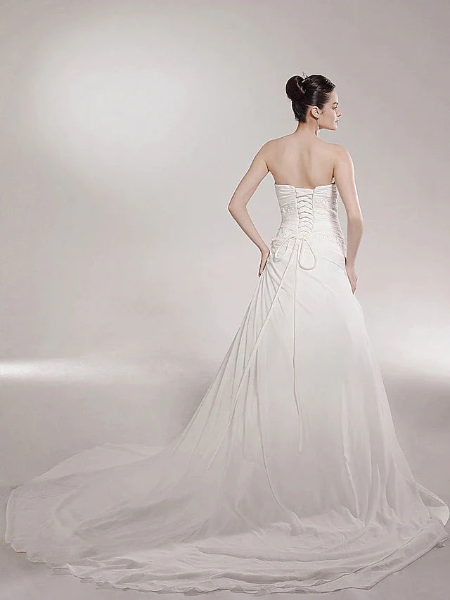 Princess A-Line Wedding Dresses Sweetheart Neckline Strapless Cathedral Train Chiffon Sleeveless