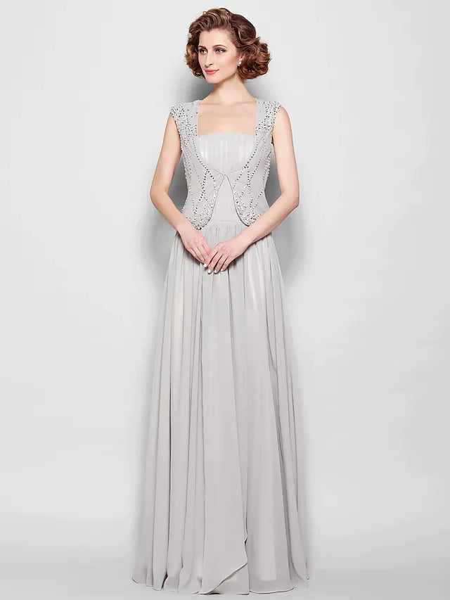 A-Line Mother of the Bride Dress Vintage Inspired Square Neck Floor Length Chiffon Sleeveless with Beading Draping