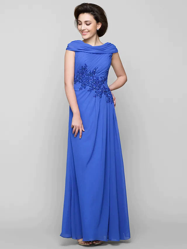 A-Line Mother of the Bride Dress Elegant Cowl Neck Ankle Length Chiffon Sleeveless with Criss Cross Appliques