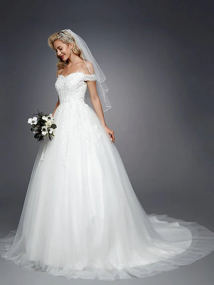 Ball Gown Wedding Dresses Off Shoulder Court Train Lace Tulle Short Sleeve Romantic Sparkle & Shine with Beading Appliques