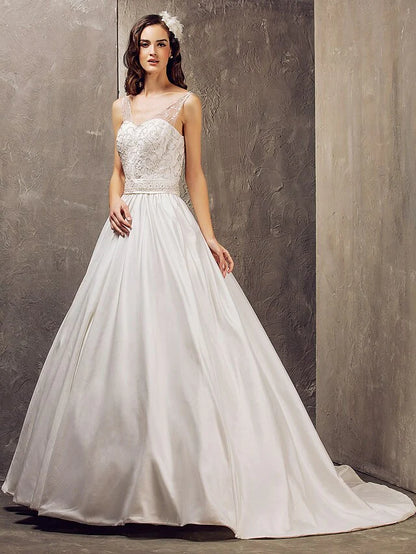 Princess A-Line Wedding Dresses V Neck Lace Taffeta Sleeveless