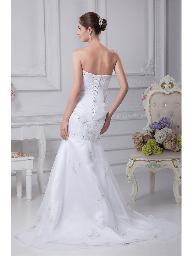 Wedding Dresses Strapless Chapel Train Organza Satin Strapless with Beading Embroidery