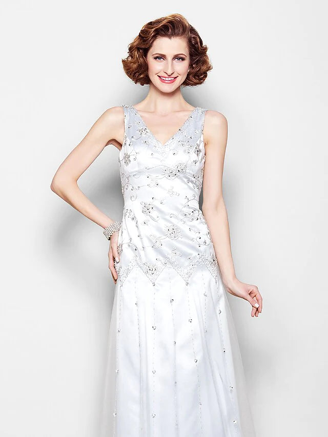 Mother of the Bride Dress Sparkle & Shine V Neck Floor Length Lace Tulle Sleeveless with Lace Beading