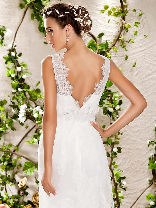 Wedding Dresses V Neck Chapel Train Lace Sleeveless