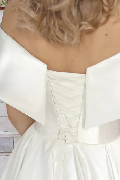 Tea Length Off The Shoulder Beach Satin Wedding Dress with Pockets