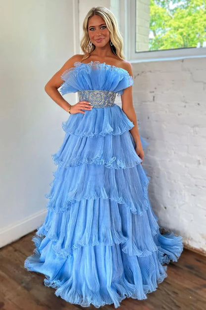 Strapless A-Line Long Tiered Prom Dress With Belt