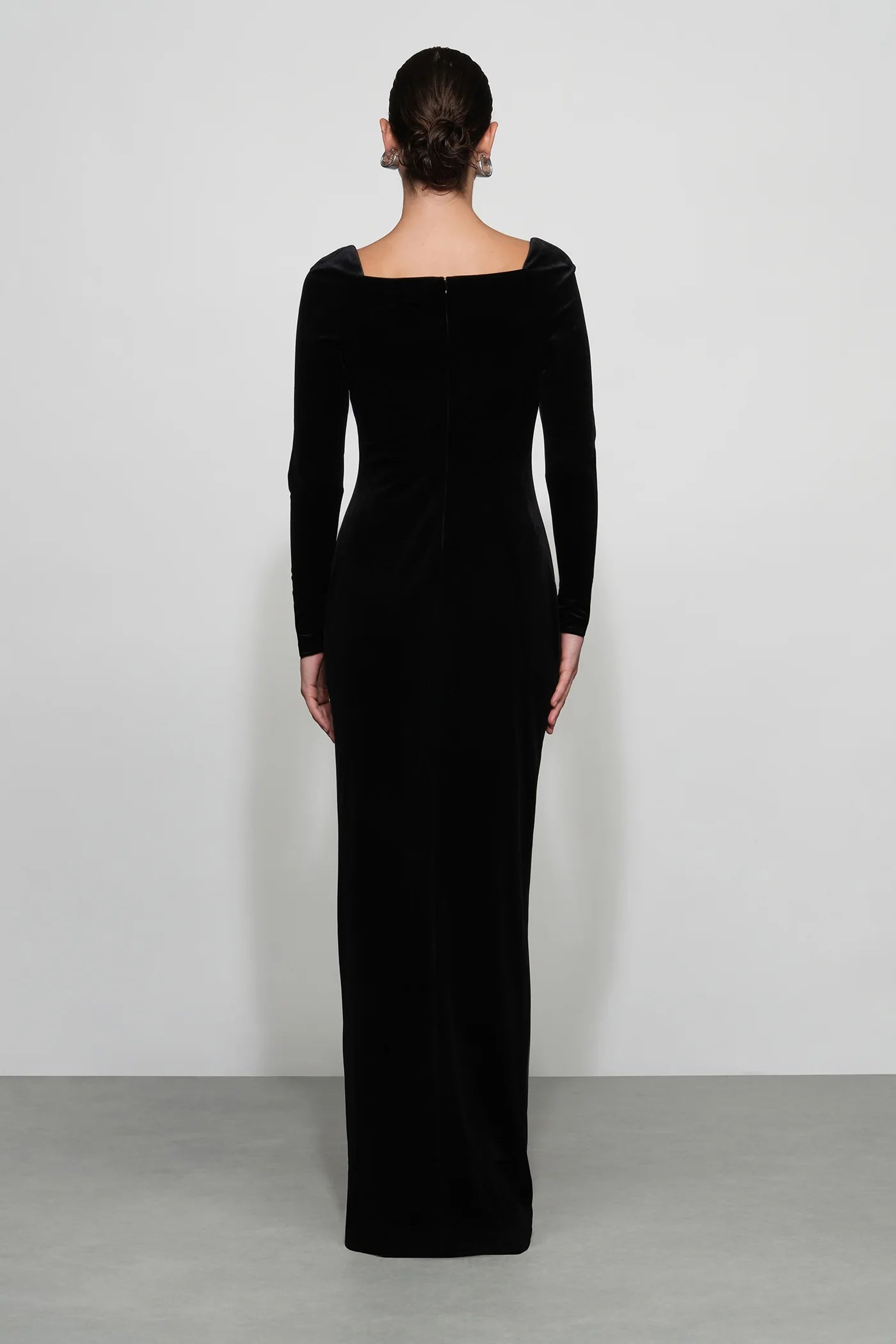 Timeless Black Velvet Square Neck Long Sleeve Button-Front Floor-Length Evening Dress