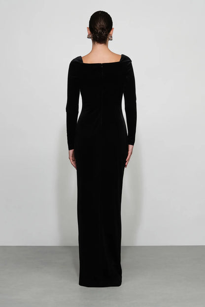 Timeless Black Velvet Square Neck Long Sleeve Button-Front Floor-Length Evening Dress