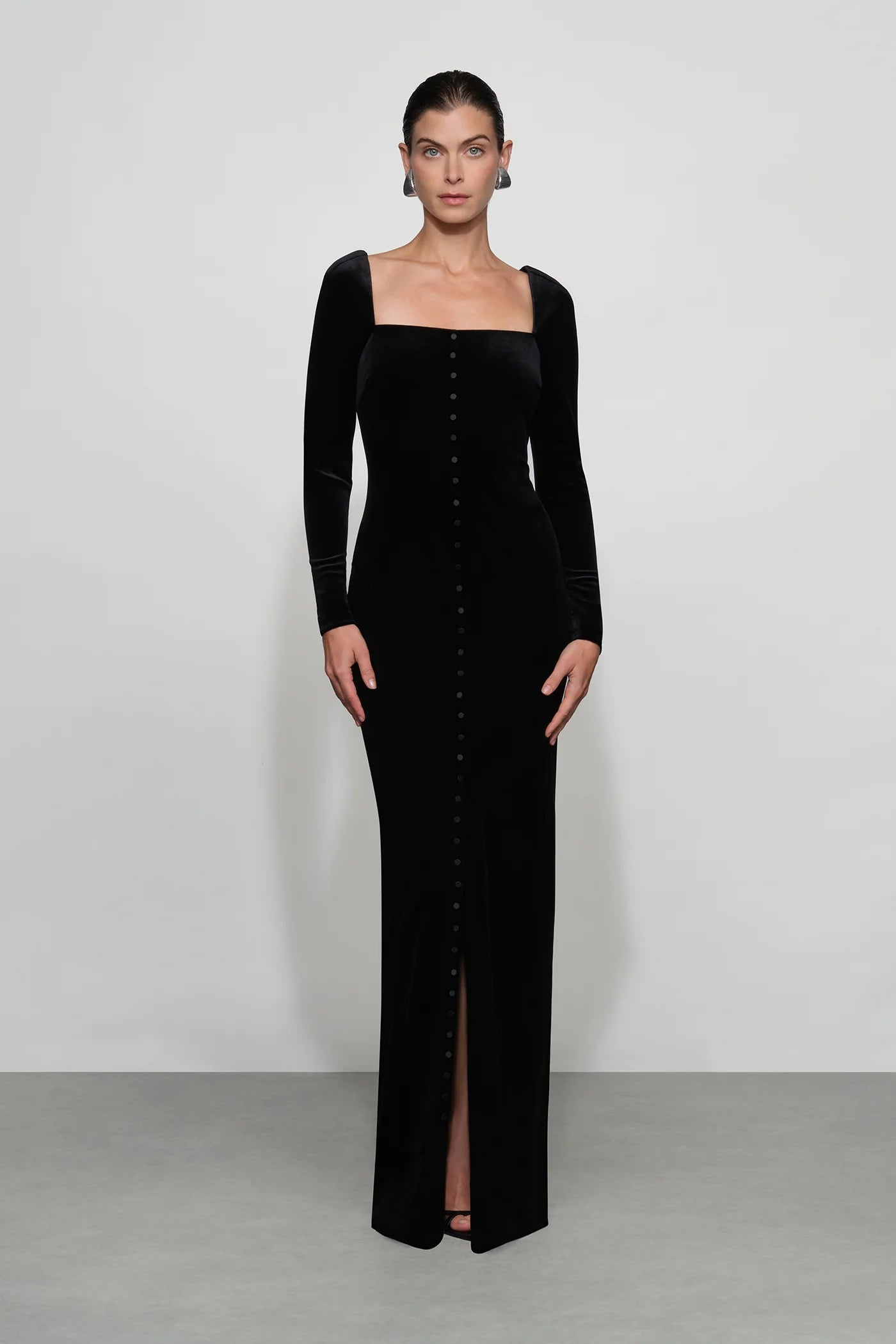 Timeless Black Velvet Square Neck Long Sleeve Button-Front Floor-Length Evening Dress