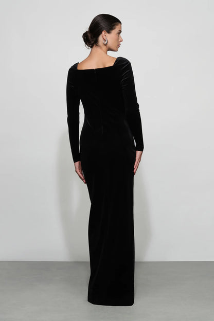 Timeless Black Velvet Square Neck Long Sleeve Button-Front Floor-Length Evening Dress