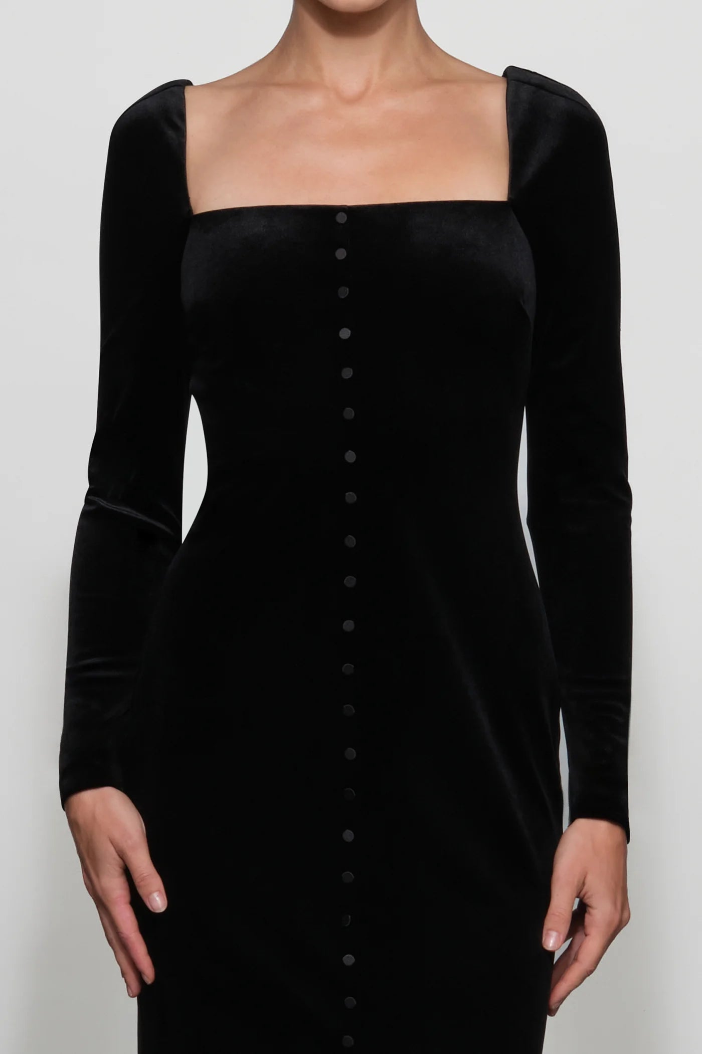 Timeless Black Velvet Square Neck Long Sleeve Button-Front Floor-Length Evening Dress