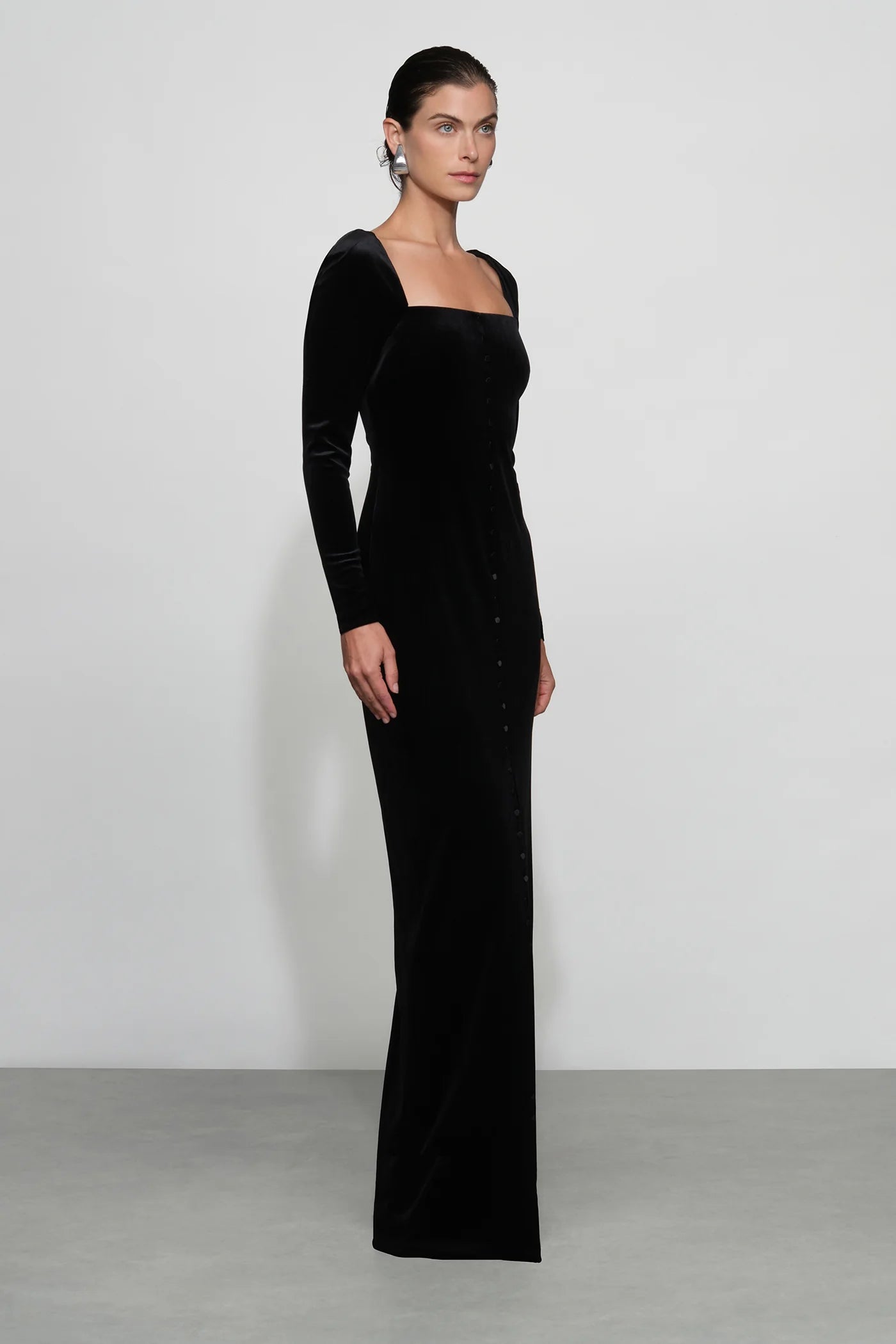 Timeless Black Velvet Square Neck Long Sleeve Button-Front Floor-Length Evening Dress