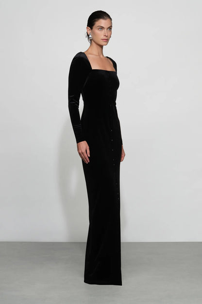 Timeless Black Velvet Square Neck Long Sleeve Button-Front Floor-Length Evening Dress