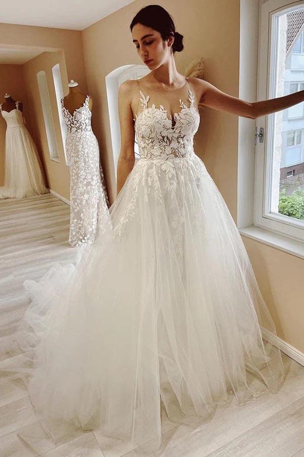 Tulle A-line Sheer Neck Beach Wedding Dress With Lace Appliques