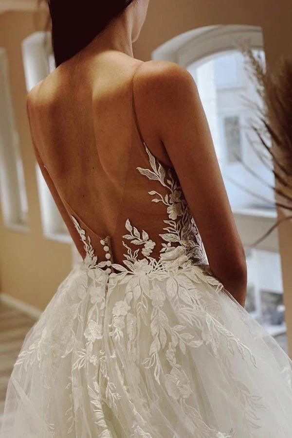 Tulle A-line Sheer Neck Beach Wedding Dress With Lace Appliques