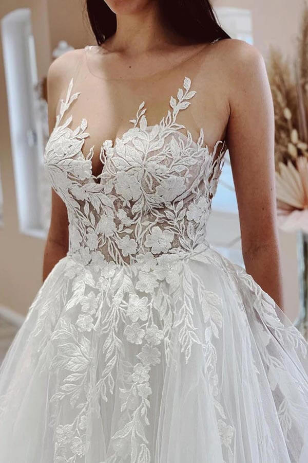 Tulle A-line Sheer Neck Beach Wedding Dress With Lace Appliques