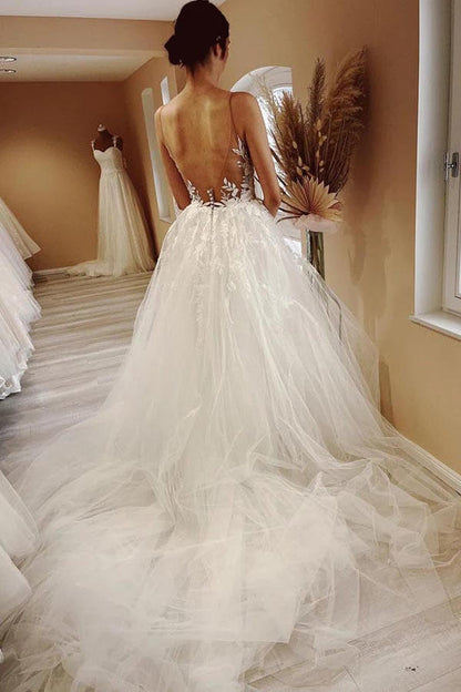 Tulle A-line Sheer Neck Beach Wedding Dress With Lace Appliques