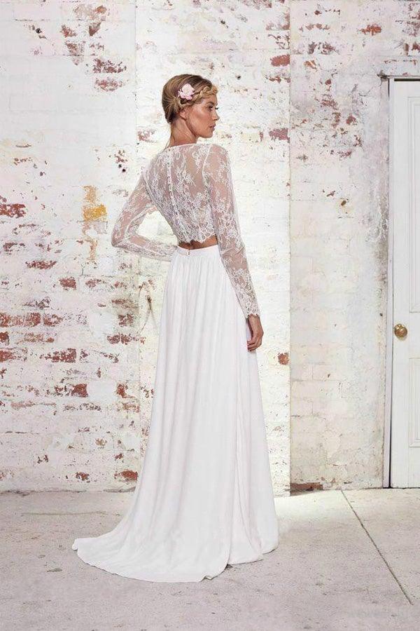 Two Pieces Long Sleeves Lace White Beach Wedding Bridal Dresses