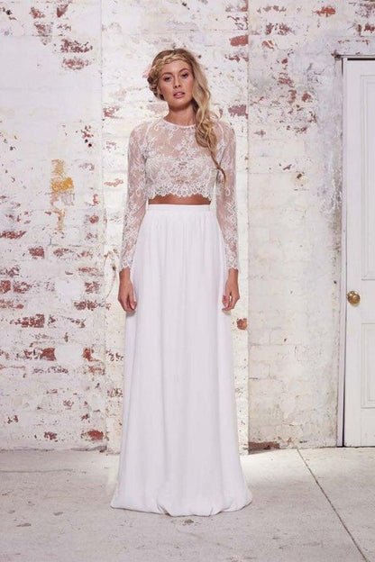 Two Pieces Long Sleeves Lace White Beach Wedding Bridal Dresses