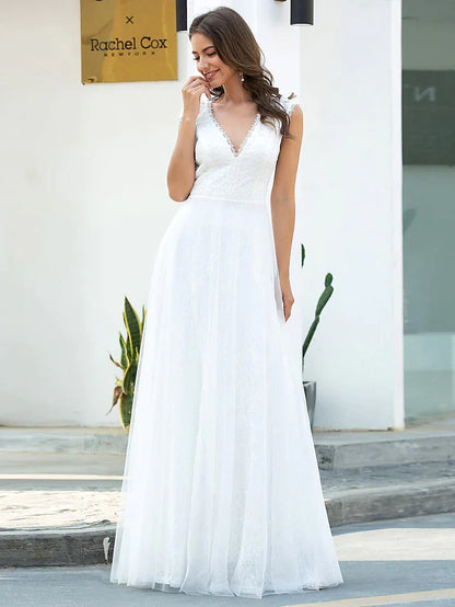 A-Line Wedding Dresses V Neck Floor Length Lace Tulle Short Sleeve Simple Casual with Lace