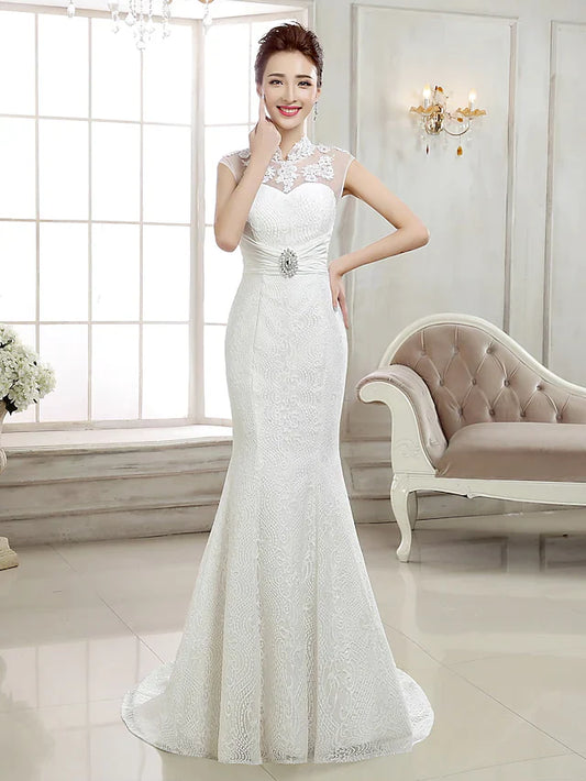 Wedding Dresses High Neck Lace Cap Sleeve Sexy Illusion Detail Backless with Beading Appliques