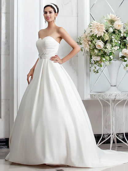 Princess A-Line Wedding Dresses Sweetheart Neckline Satin Sleeveless with Sash Ribbon Ruched Beading