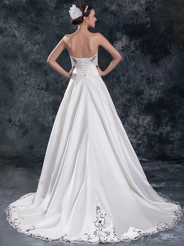 A-Line Wedding Dresses Strapless Court Train Organza Satin Strapless with Embroidery