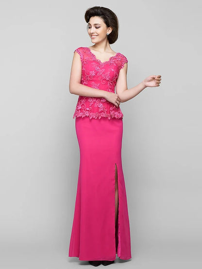 Mother of the Bride Dress Furcal V Neck Floor Length Chiffon Lace Sleeveless with Lace Ruched