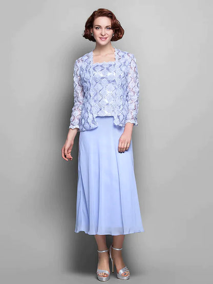 Mother of the Bride Dress Wrap Included Straps Tea Length Chiffon Lace Long Sleeve with Lace