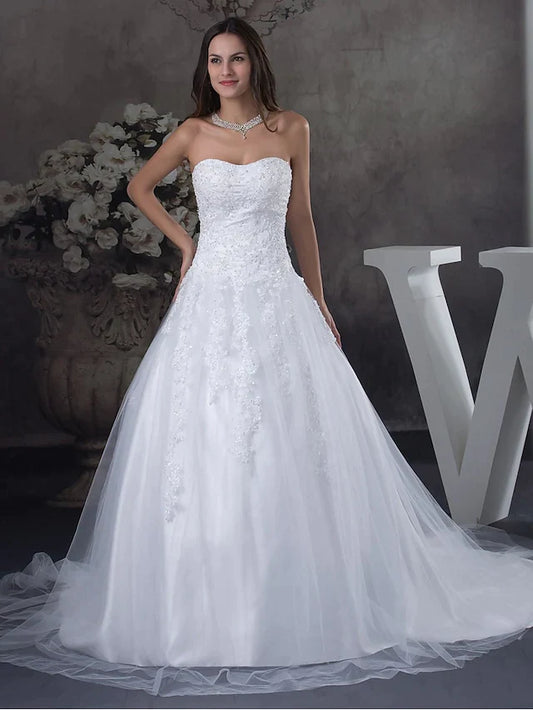 A-Line Wedding Dresses Strapless Court Train Lace Tulle Strapless with Beading Appliques