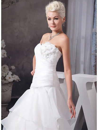 A-Line Wedding Dresses Sweetheart Neckline Floor Length Lace Organza Satin Strapless with Ruched Appliques Cascading Ruffles