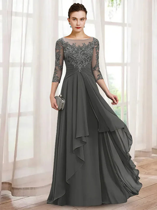 A-Line Mother of the Bride Dress Elegant V Neck Floor Length Chiffon Lace Length Sleeve with Ruffles Appliques