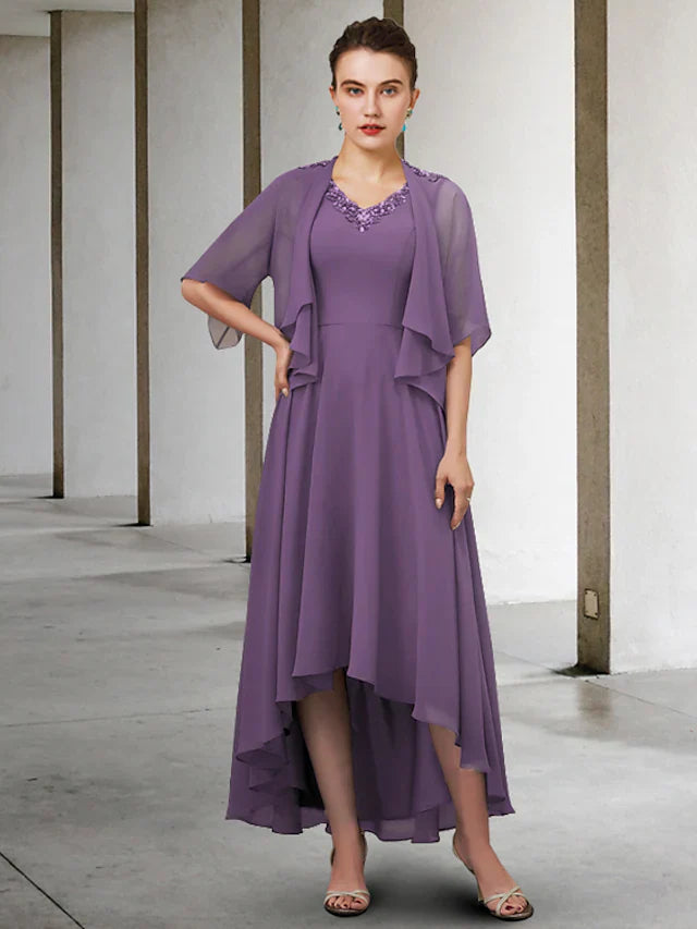 Two Piece A-Line Mother of the Bride Dress Elegant V Neck Asymmetrical Chiffon Half Sleeve with Pleats