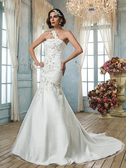 Wedding Dresses One Shoulder Court Train Tulle Sleeveless with Beading Appliques Flower