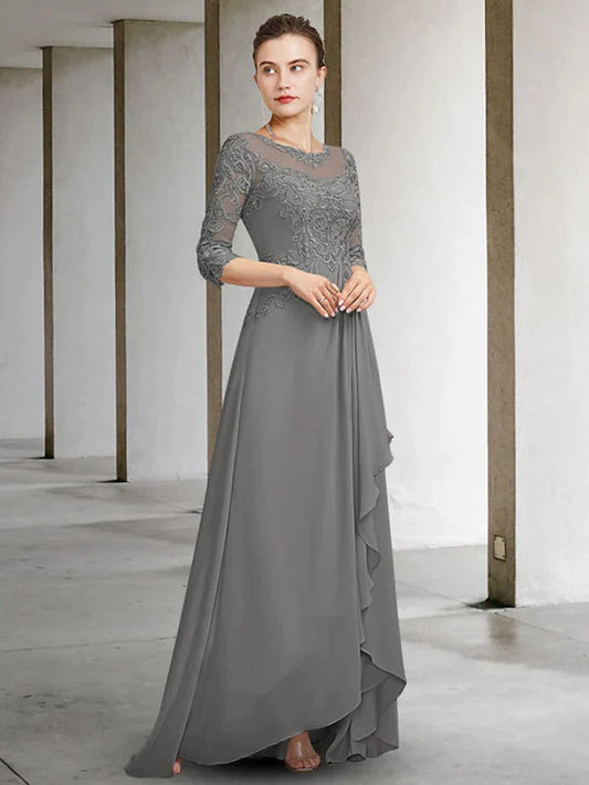 A-Line Mother of the Bride Dress Elegant Jewel Neck Floor Length Chiffon Lace Half Sleeve with Pleats Ruffles Appliques