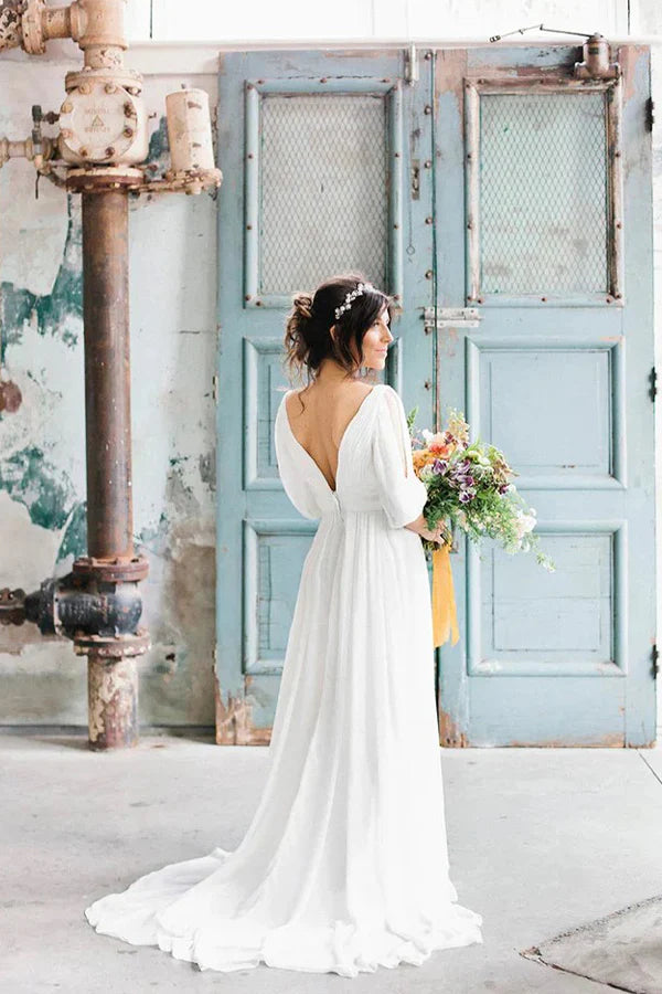 V-neck Half-sleeve Empire Simple Chiffon Casual Wedding Dress
