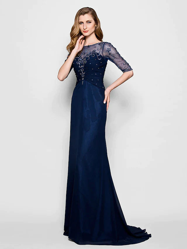 A-Line Mother of the Bride Dress See Through Jewel Neck Chiffon Tulle Half Sleeve with Ruched Crystals Beading