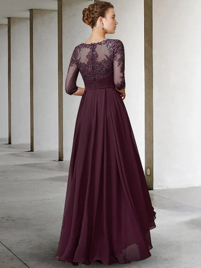 A-Line Mother of the Bride Dress Elegant Jewel Neck Asymmetrical Floor Length Chiffon Lace Half Sleeve with Pleats Appliques