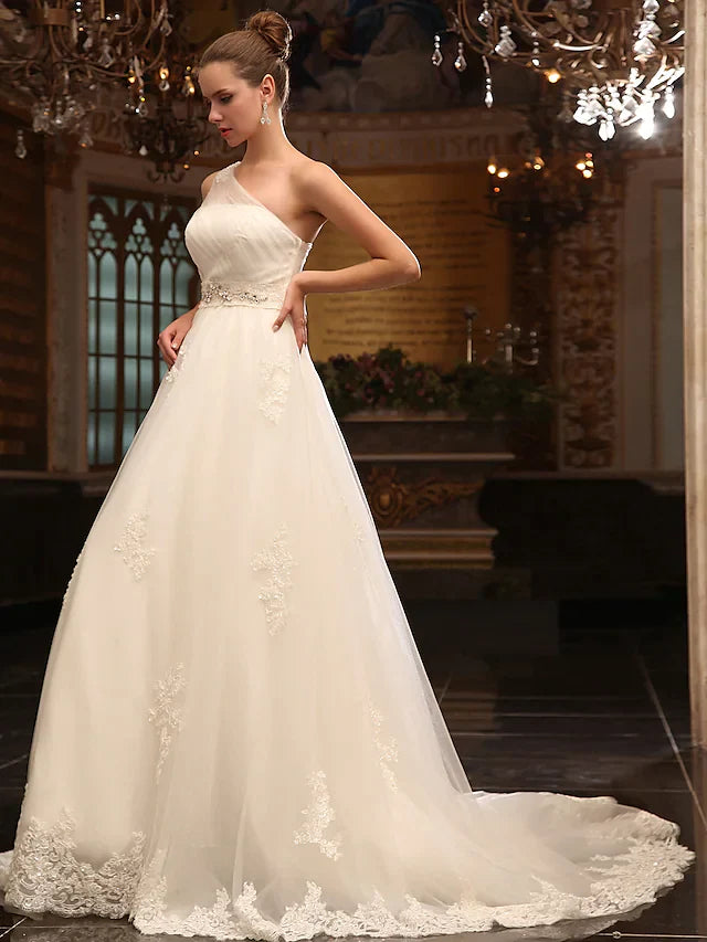 Princess A-Line Wedding Dresses One Shoulder Court Train Satin Tulle Sleeveless