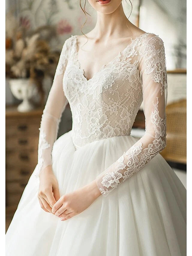 Ball Gown Wedding Dresses V Neck Chapel Train Tulle Long Sleeve Formal with Pleats Appliques