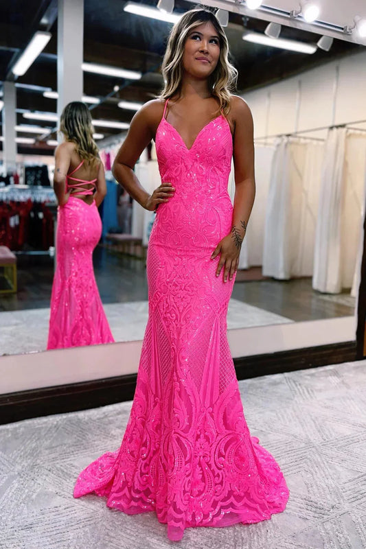 Sparkly Mermaid V Neck Spaghetti Strap Sequins Lace-Up Back Long Prom Dresses