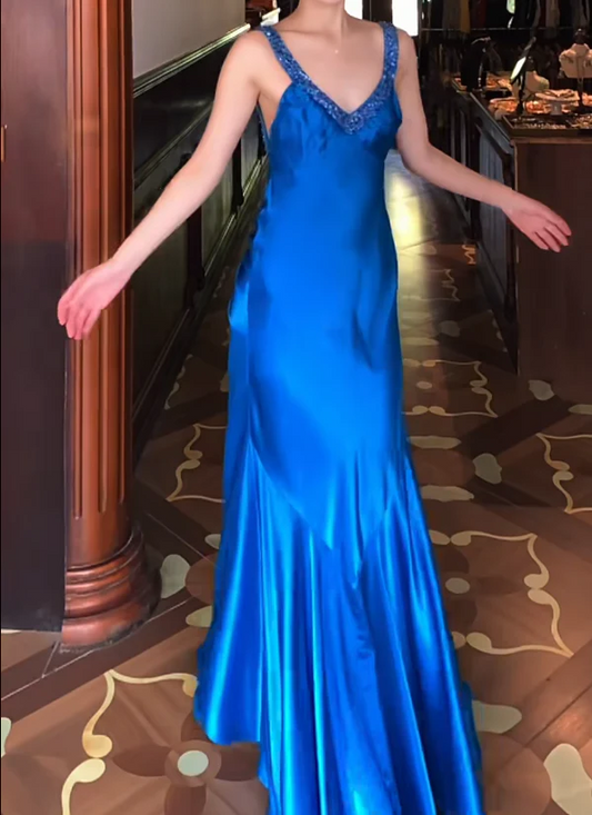 V Neck Beaded Strap Ruched Satin Mermaid Train Evening Dresses with Open Back