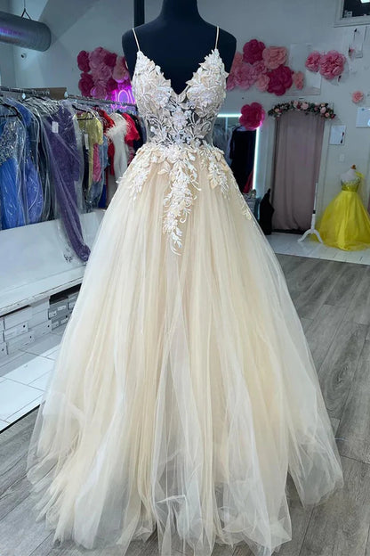 V Neck Champagne Tulle Lace Wedding Dresses Bridal Gown
