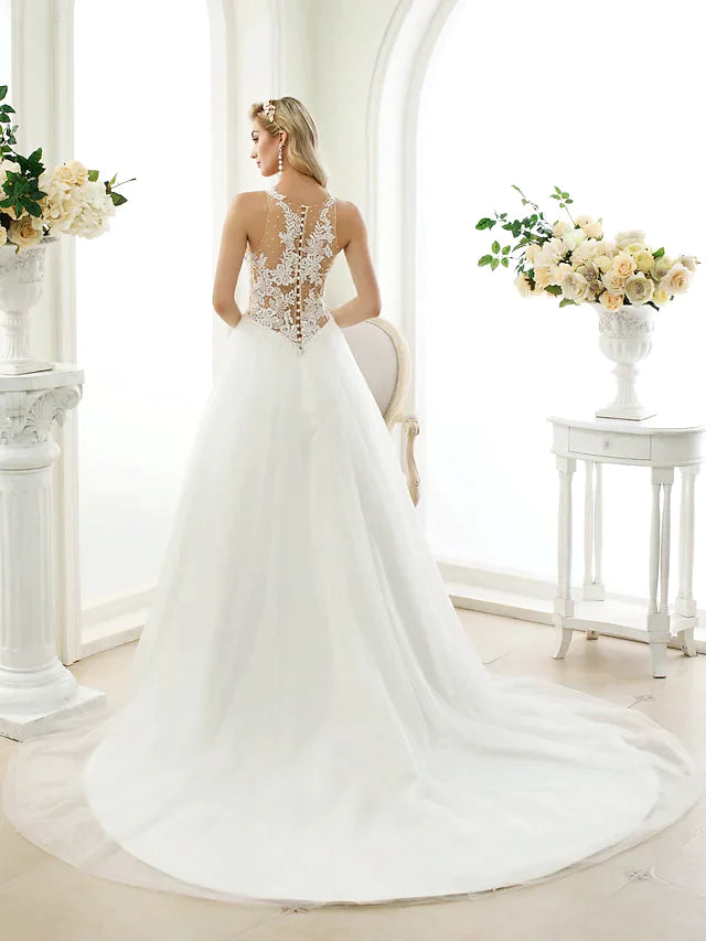 Ball Gown Wedding Dresses Jewel Neck Chapel Train Lace Tulle Lace Over Tulle Regular Straps See-Through Beautiful Back with Buttons Appliques