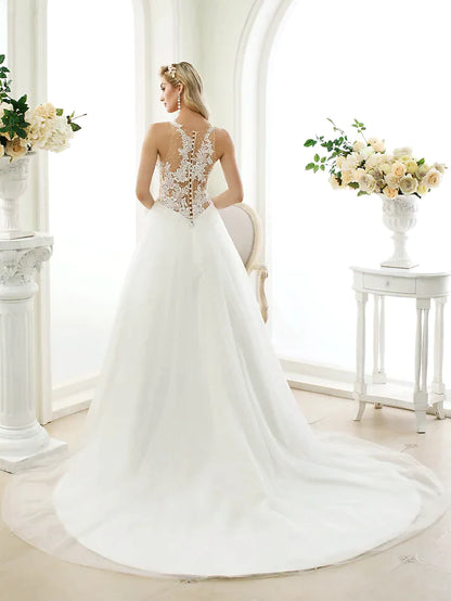 Ball Gown Wedding Dresses Jewel Neck Chapel Train Lace Tulle Lace Over Tulle Regular Straps See-Through Beautiful Back with Buttons Appliques